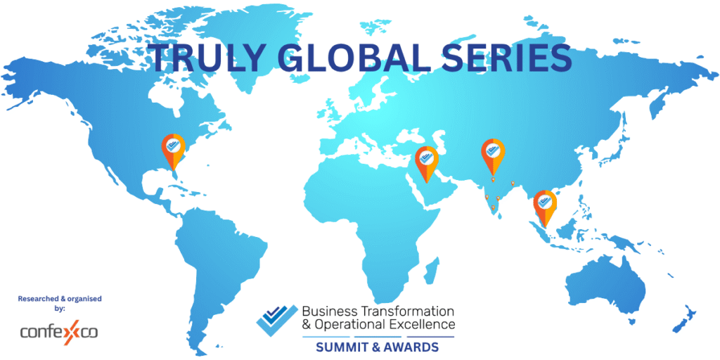 Map highlighting global locations of the Business Transformation & Operational Excellence events, marked with pins and labeled 'Truly Global Series'.