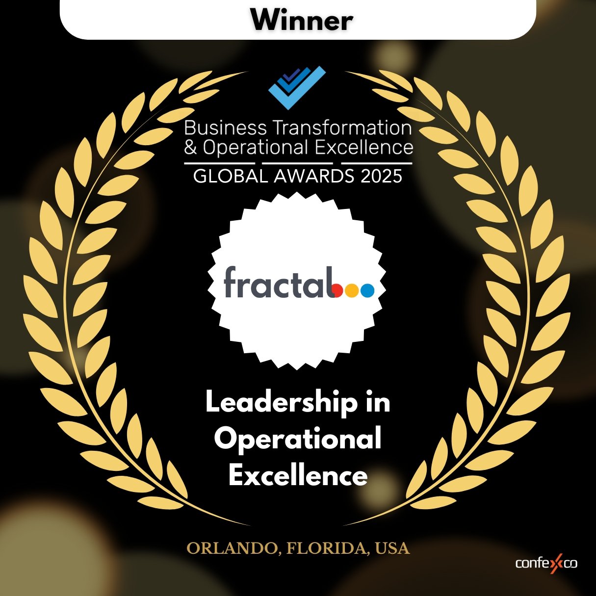Award certificate for Fractal, recognizing their leadership in operational excellence at the Business Transformation & Operational Excellence Global Awards 2025, held in Orlando, Florida.