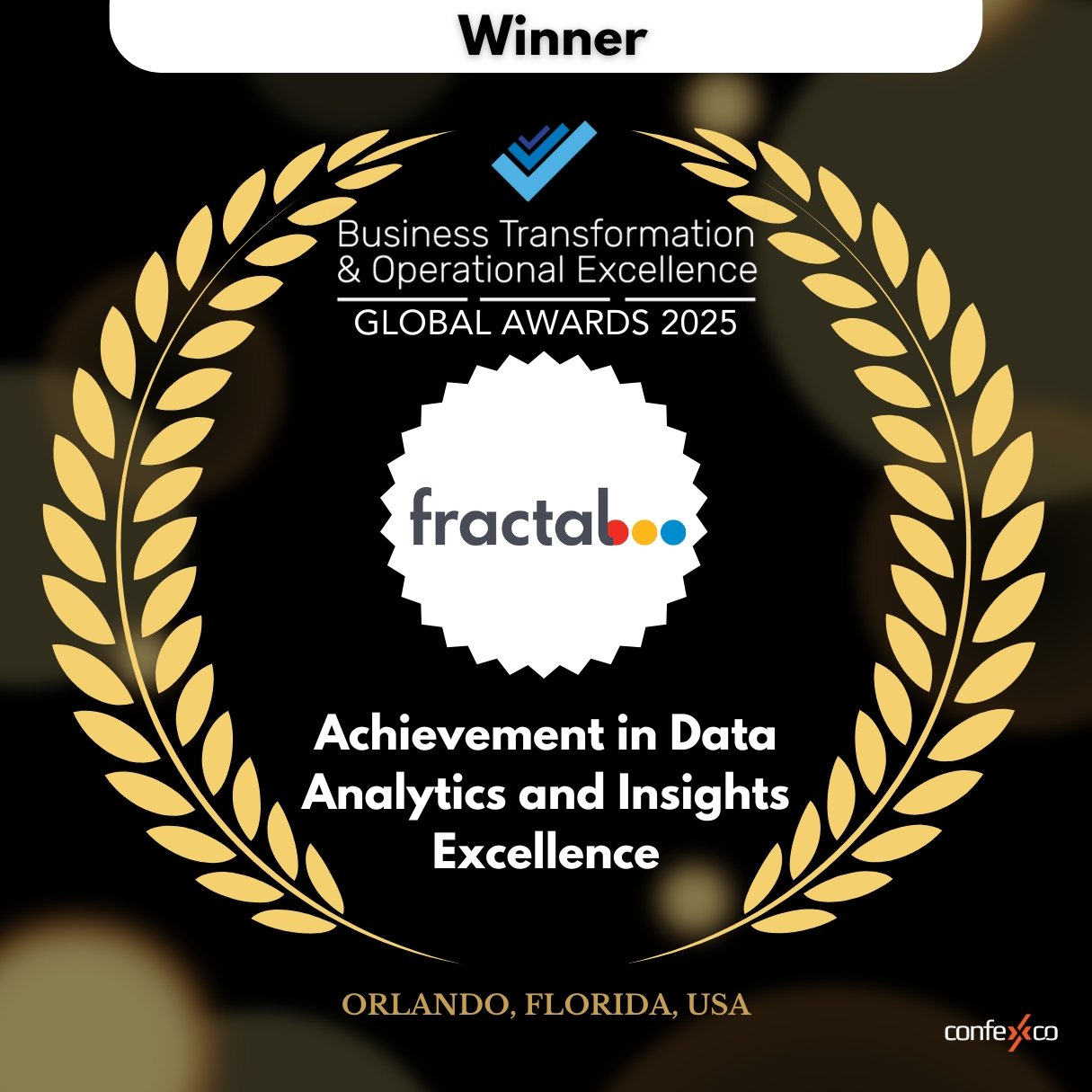 A graphic celebrating Fractal as the winner of the Business Transformation & Operational Excellence Global Awards 2025 for Achievement in Data Analytics and Insights Excellence, featuring a laurel design.