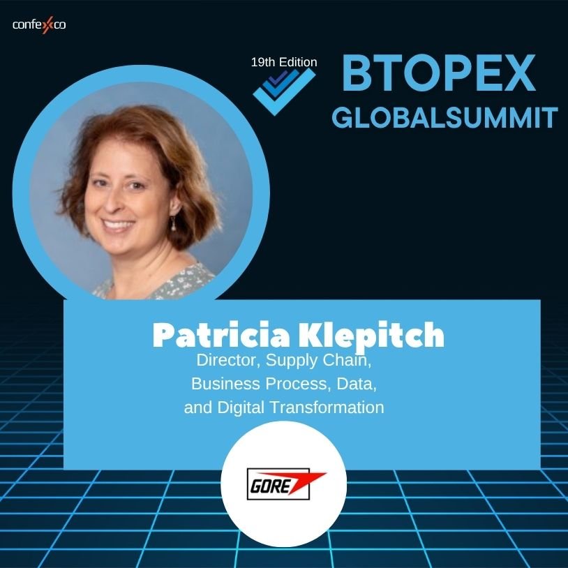 Portrait of Patricia Klepitch, Director of Supply Chain and Business Process, with text overlay highlighting her expertise in Data and Digital Transformation.