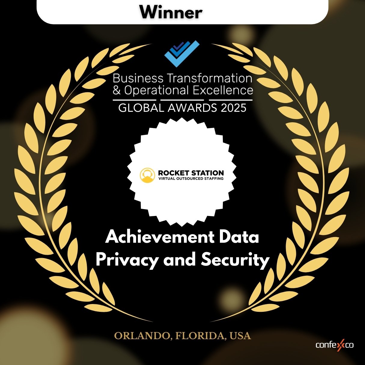 Award banner for Rocket Station recognizing Achievement in Data Privacy and Security at the Business Transformation & Operational Excellence Global Awards 2025, held in Orlando, Florida.