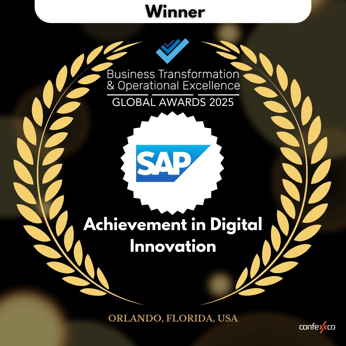 Award certificate recognizing SAP for Achievement in Digital Innovation, featuring a gold laurel wreath and details of the event location, Orlando, Florida.