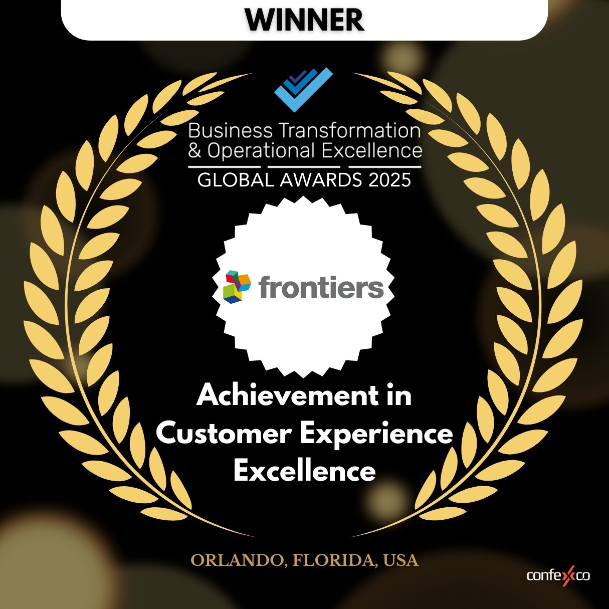 Award certificate for Achievement in Customer Experience Excellence at the Business Transformation & Operational Excellence Global Awards 2025, featuring the Frontiers logo and a decorative laurel design.
